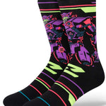 Stance Zurg Crew Socks 2023 - A pair of black crew socks with a purple and red pattern featuring characters from Toy Story.
