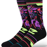 Stance Zurg Crew Socks 2023 - A pair of black crew socks with a purple and red pattern featuring characters from Toy Story.