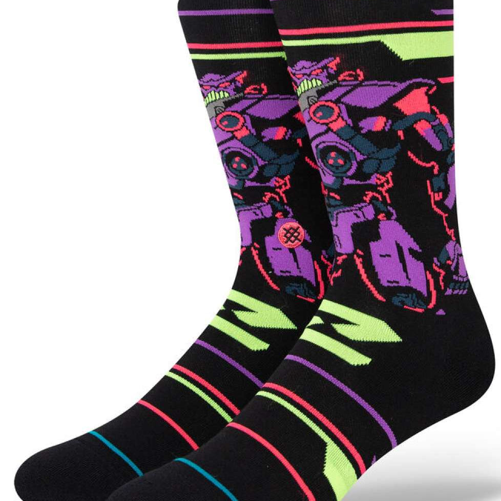 Stance Zurg Crew Socks 2023 - A pair of black crew socks with a purple and red pattern featuring characters from Toy Story.