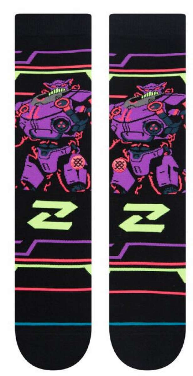 Stance Zurg Crew Socks 2023 - A pair of black crew socks with a purple robot design and neon green accents.