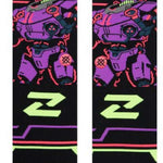 Stance Zurg Crew Socks 2023 - A pair of black crew socks with a purple robot design and neon green accents.