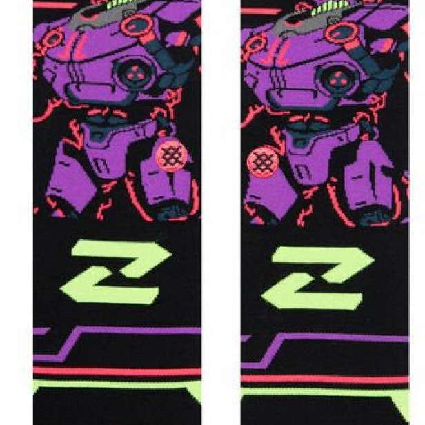 Stance Zurg Crew Socks 2023 - A pair of black crew socks with a purple robot design and neon green accents.