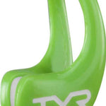 TYR Ergo Swim Nose Clip - Lime green nose clip with a small, rounded metal piece on the front and a thin strap that goes behind the nose.