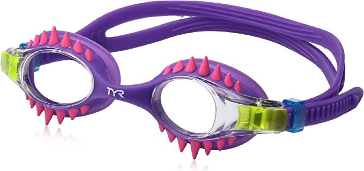 TYR Swimple Spikes Youth Swim Goggles - A pair of purple swim goggles with neon green nose pieces and pink spikes along the top frame.