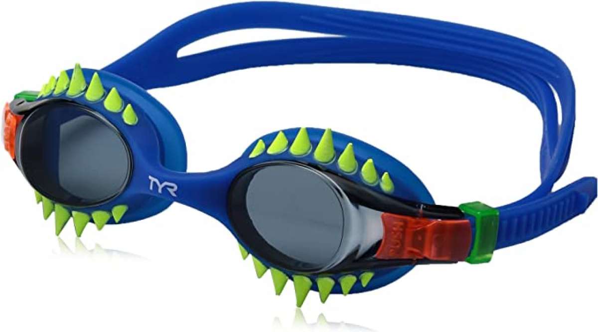 TYR Swimple Spikes Youth Swim Goggles - A pair of blue swim goggles with neon green spikes along the top frame.