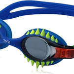 TYR Swimple Spikes Youth Swim Goggles - A pair of blue swim goggles with neon green spikes along the top frame.