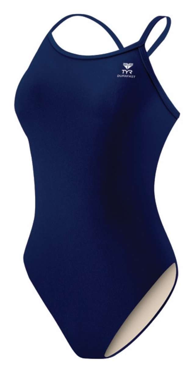 TYR Ladies' Durafast One Solid Diamondfit Flyback Swimsuit - A navy blue swimsuit with a diamond pattern and flyback logo on the upper left side.