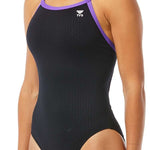 TYR Ladies' Hexa Diamondfit Swimsuit - A black swimsuit with a purple trim and a diamond pattern on the front.