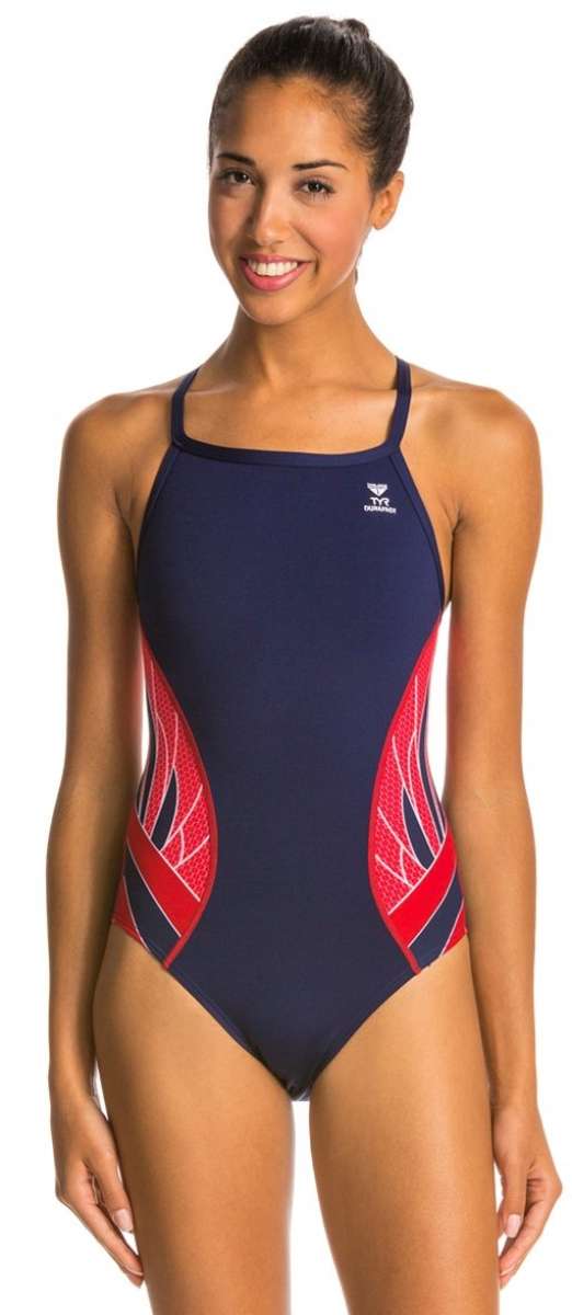 TYR Ladies' Phoenix Splice Diamondfit Swimsuit - A navy blue swimsuit with a diamond pattern on the sides and back, featuring red and white accents.