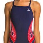 TYR Ladies' Phoenix Splice Diamondfit Swimsuit - A navy blue swimsuit with a diamond pattern on the sides and back, featuring red and white accents.