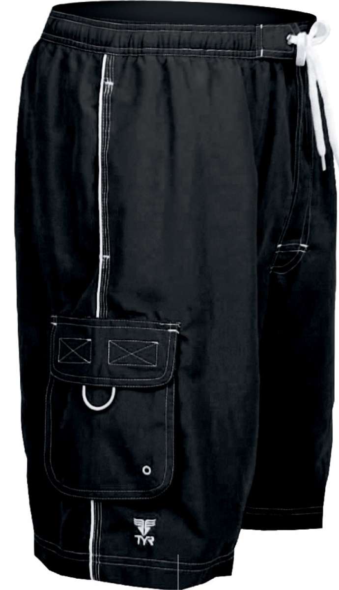 TYR Men's Challenger Swim Trunk - Black swim trunks with white drawstring and logo on left leg.