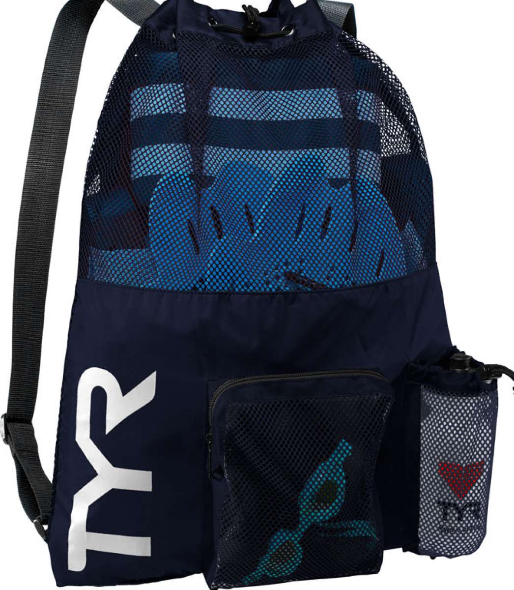 TYR Big Mesh Mummy III Backpack 40L - A navy blue backpack with a large mesh panel on the front and a zippered pocket at the top.