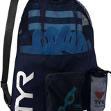 TYR Big Mesh Mummy III Backpack 40L - A navy blue backpack with a large mesh panel on the front and a zippered pocket at the top.