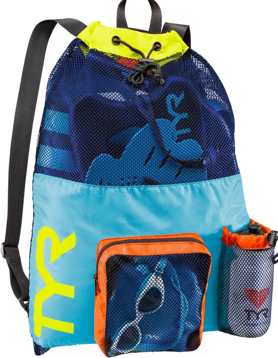 TYR Big Mesh Mummy III Backpack 40L - A large, blue backpack with a mesh panel on the side and black straps.