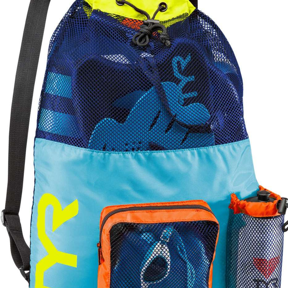 TYR Big Mesh Mummy III Backpack 40L - A large, blue backpack with a mesh panel on the side and black straps.