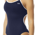 TYR Ladies' Hexa Trinityfit Swimsuit - A black swimsuit with a honeycomb pattern and white trim around the edges.