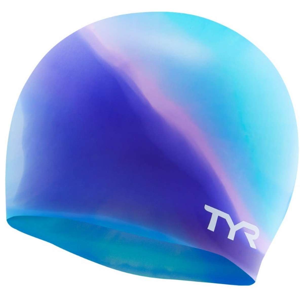 TYR Multi Color Silicone Swim Cap - A swim cap with a multicolored design, featuring a mix of blue and purple hues.