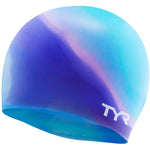 TYR Multi Color Silicone Swim Cap - A swim cap with a multicolored design, featuring a mix of blue and purple hues.