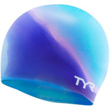 TYR Multi Color Silicone Swim Cap - A swim cap with a multicolored design, featuring a mix of blue and purple hues.