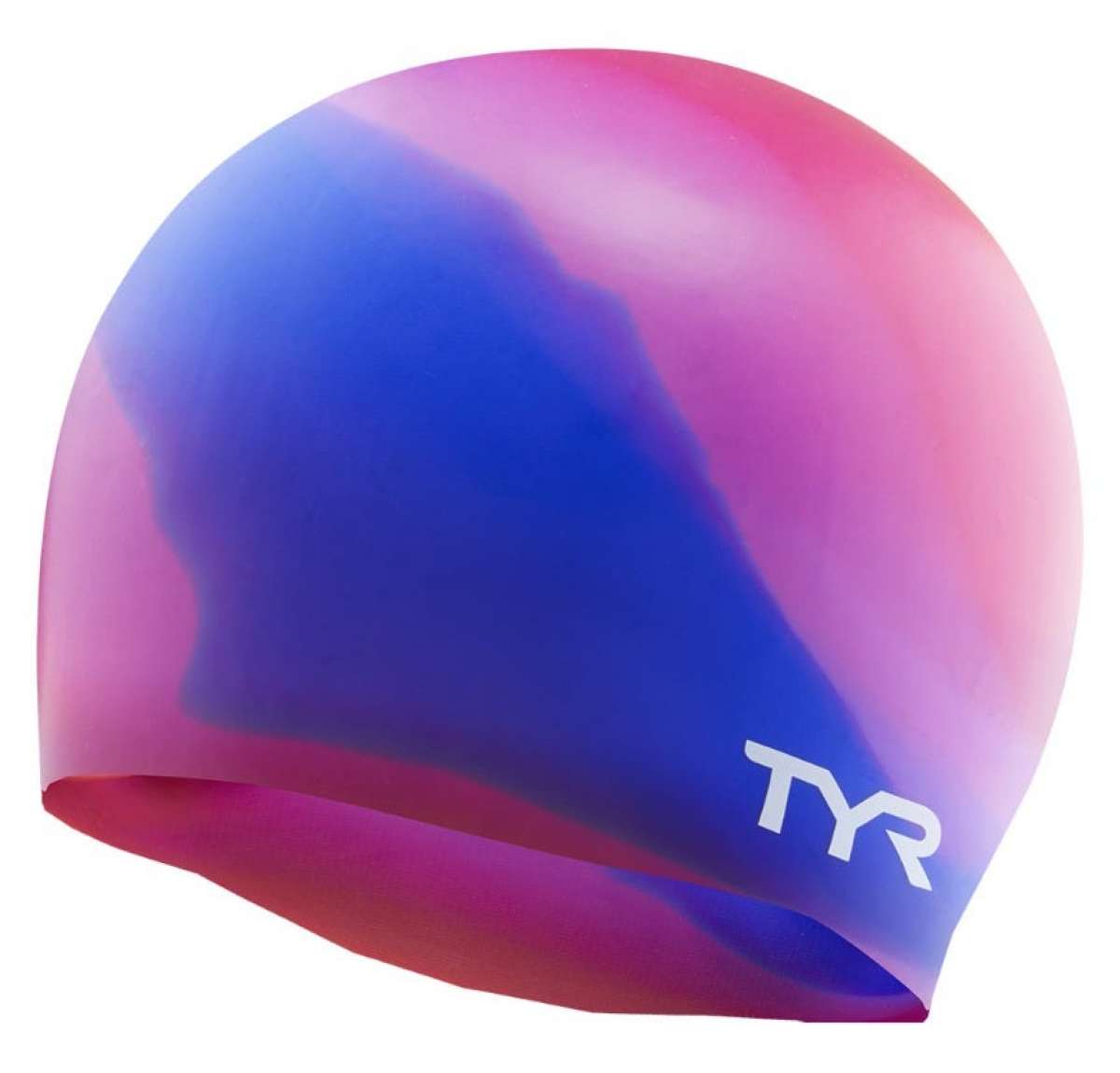TYR Multi Color Silicone Swim Cap - A swim cap with a multicolored design, featuring a mix of pink and blue hues.
