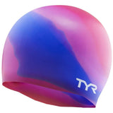 TYR Multi Color Silicone Swim Cap - A swim cap with a multicolored design, featuring a mix of pink and blue hues.