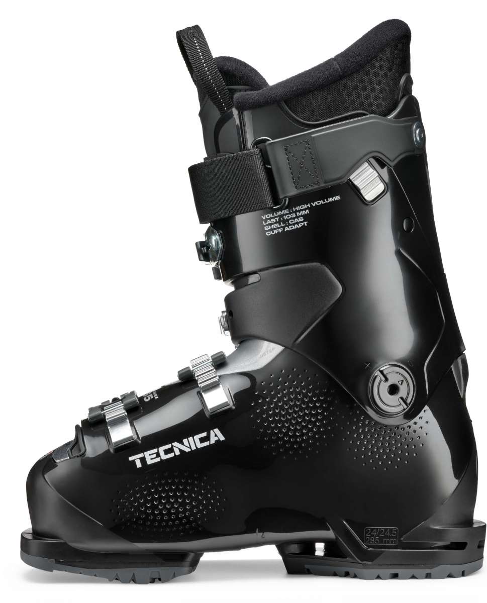 Tecnica Ladies Mach Sport HV 65 Ski Boot 2022-2023 - Black ski boot with white lettering and silver buckles.