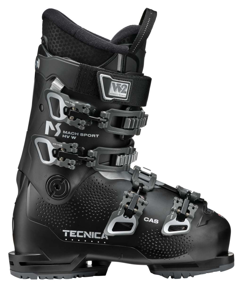 Tecnica Ladies Mach Sport HV 65 Ski Boot 2022-2023 - Black ski boot with white lettering and silver buckles.