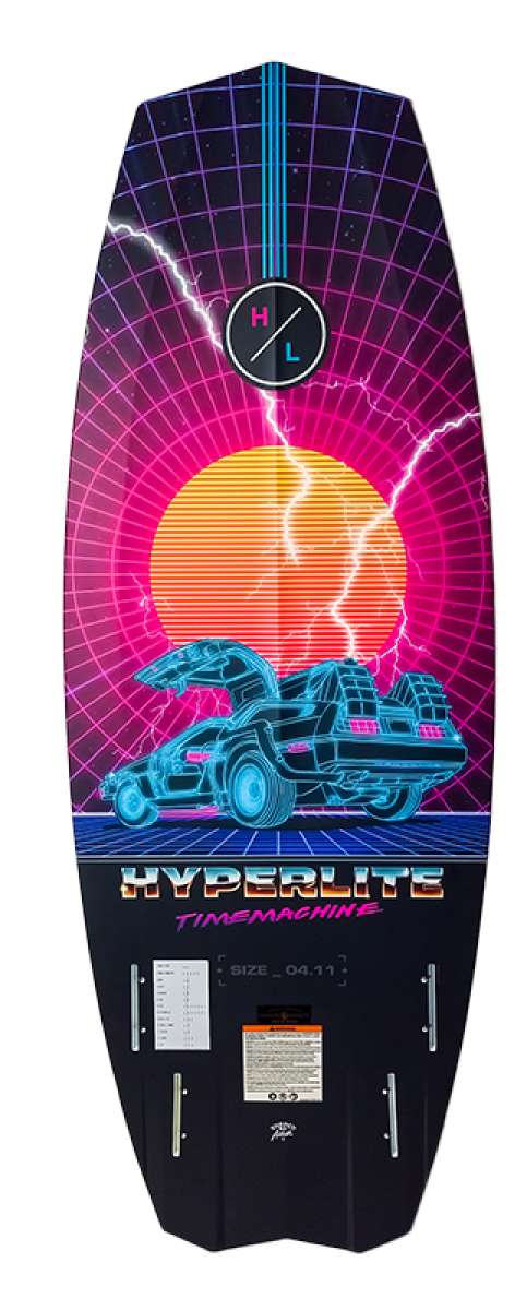 Hyperlite Time Machine Limited Edition Wakesurf Board 2022 - A black board with a neon pink and blue design, featuring a DeLorean car from Back to the Future on top.