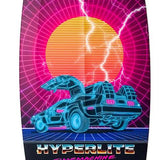 Hyperlite Time Machine Limited Edition Wakesurf Board 2022 - A black board with a neon pink and blue design, featuring a DeLorean car from Back to the Future on top.