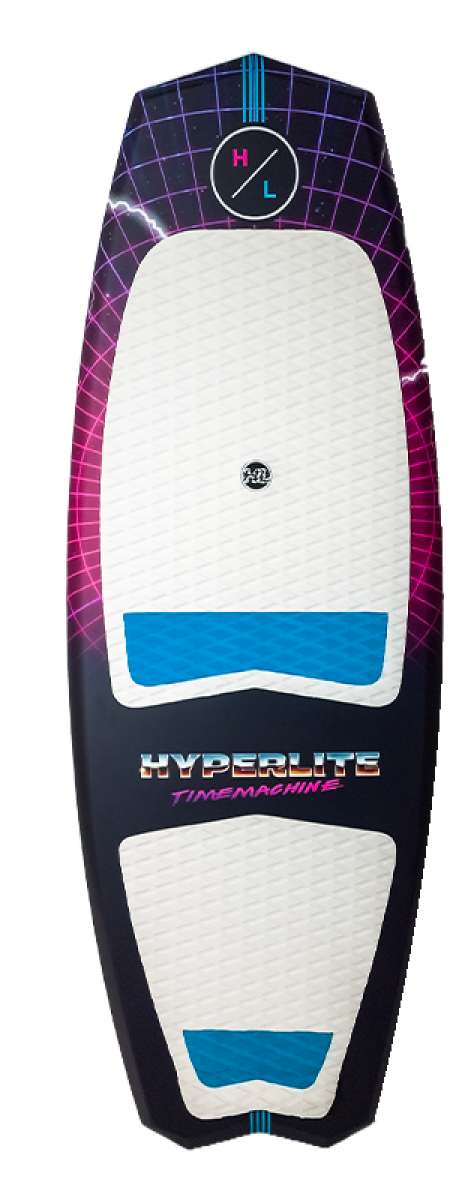 Hyperlite Time Machine Limited Edition Wakesurf Board 2022 - A black wakesurf board with a purple grid pattern and lightning bolts, featuring blue accents on the top and bottom edges.