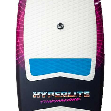 Hyperlite Time Machine Limited Edition Wakesurf Board 2022 - A black wakesurf board with a purple grid pattern and lightning bolts, featuring blue accents on the top and bottom edges.