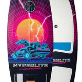 Hyperlite Time Machine Limited Edition Wakesurf Board 2022 - A black wakesurf board with a neon pink and blue design, featuring a DeLorean car in front of an orange sun.