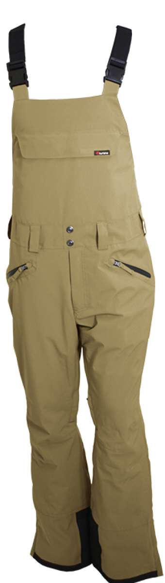 Turbine Mission II Shell Bib 2023 - A tan-colored bib with a black zipper and adjustable straps on the shoulders.