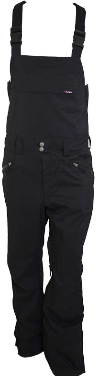 Turbine Mission II Shell Bib 2023 - Black bib overalls with adjustable straps and silver buckles, featuring a zippered fly and multiple pockets on the front.