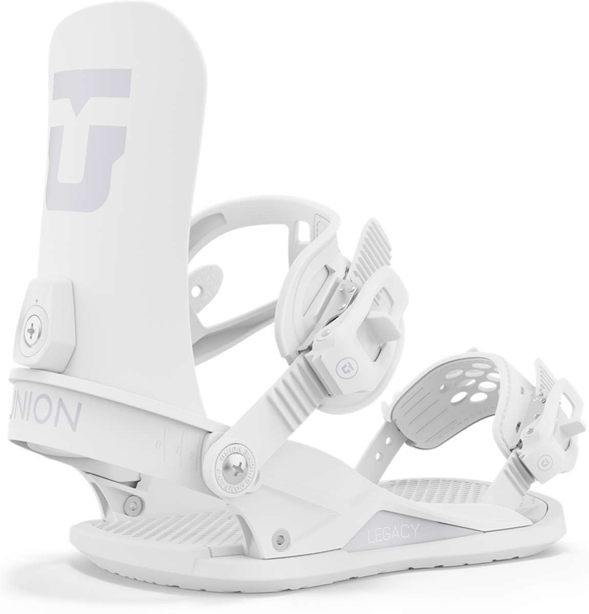 Union Women's Legacy Snowboard Binding 2024 - A white snowboard binding with a large "U" logo on top of the left foot strap.