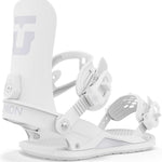Union Women's Legacy Snowboard Binding 2024 - A white snowboard binding with a large "U" logo on top of the left foot strap.