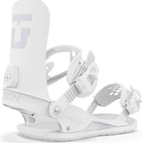 Union Women's Legacy Snowboard Binding 2024 - A white snowboard binding with a large "U" logo on top of the left foot strap.