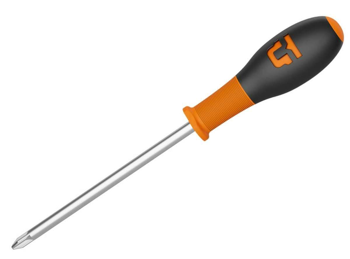Union Screwdriver 2023 - A black screwdriver with a silver metal shaft, orange handle and tip.