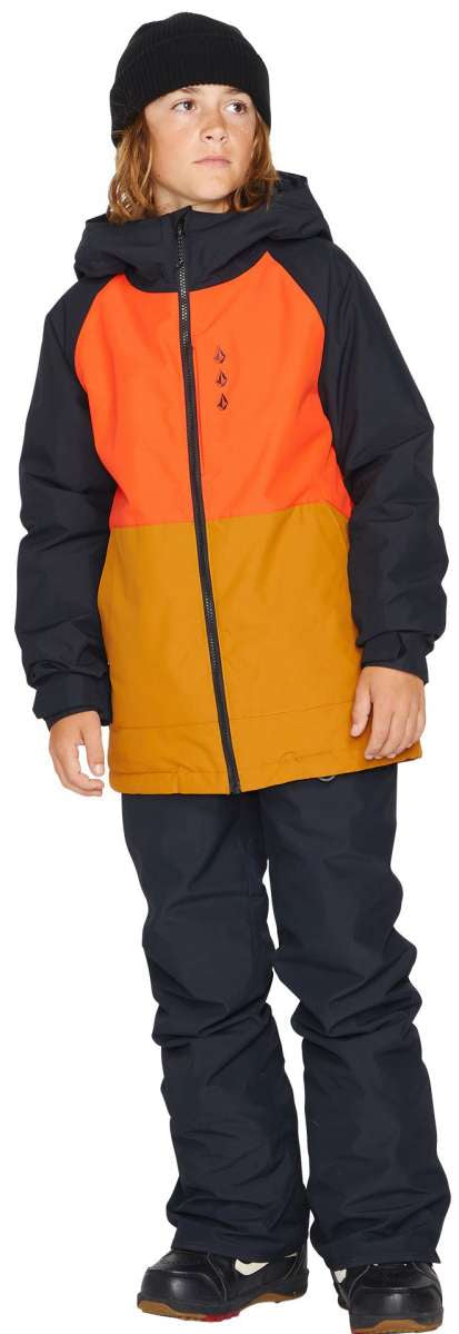 Volcom Juniors Breck Insulated Jacket - A black, orange, and yellow jacket with a hood, featuring three small water droplet logos on the chest.
