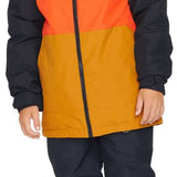Volcom Juniors Breck Insulated Jacket - A black, orange, and yellow jacket with a hood, featuring three small water droplet logos on the chest.