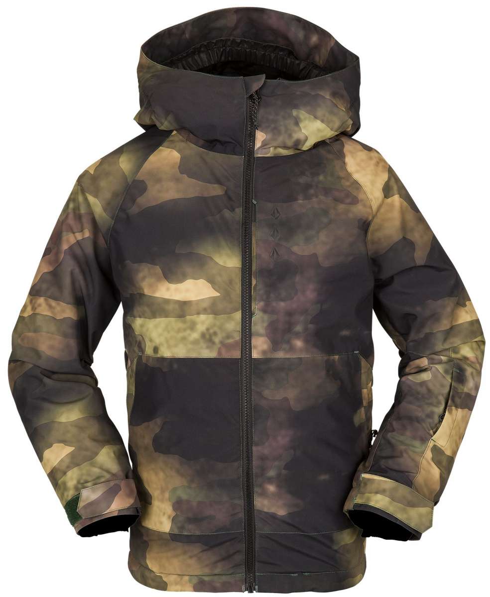 Volcom Juniors Breck Insulated Jacket 2023 - A dark-colored, camouflage-printed jacket with a hood and zipper down the front.