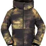 Volcom Juniors Breck Insulated Jacket 2023 - A dark-colored, camouflage-printed jacket with a hood and zipper down the front.