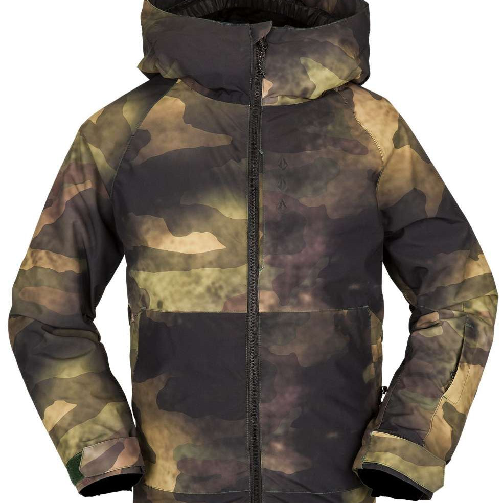 Volcom Juniors Breck Insulated Jacket 2023 - A dark-colored, camouflage-printed jacket with a hood and zipper down the front.