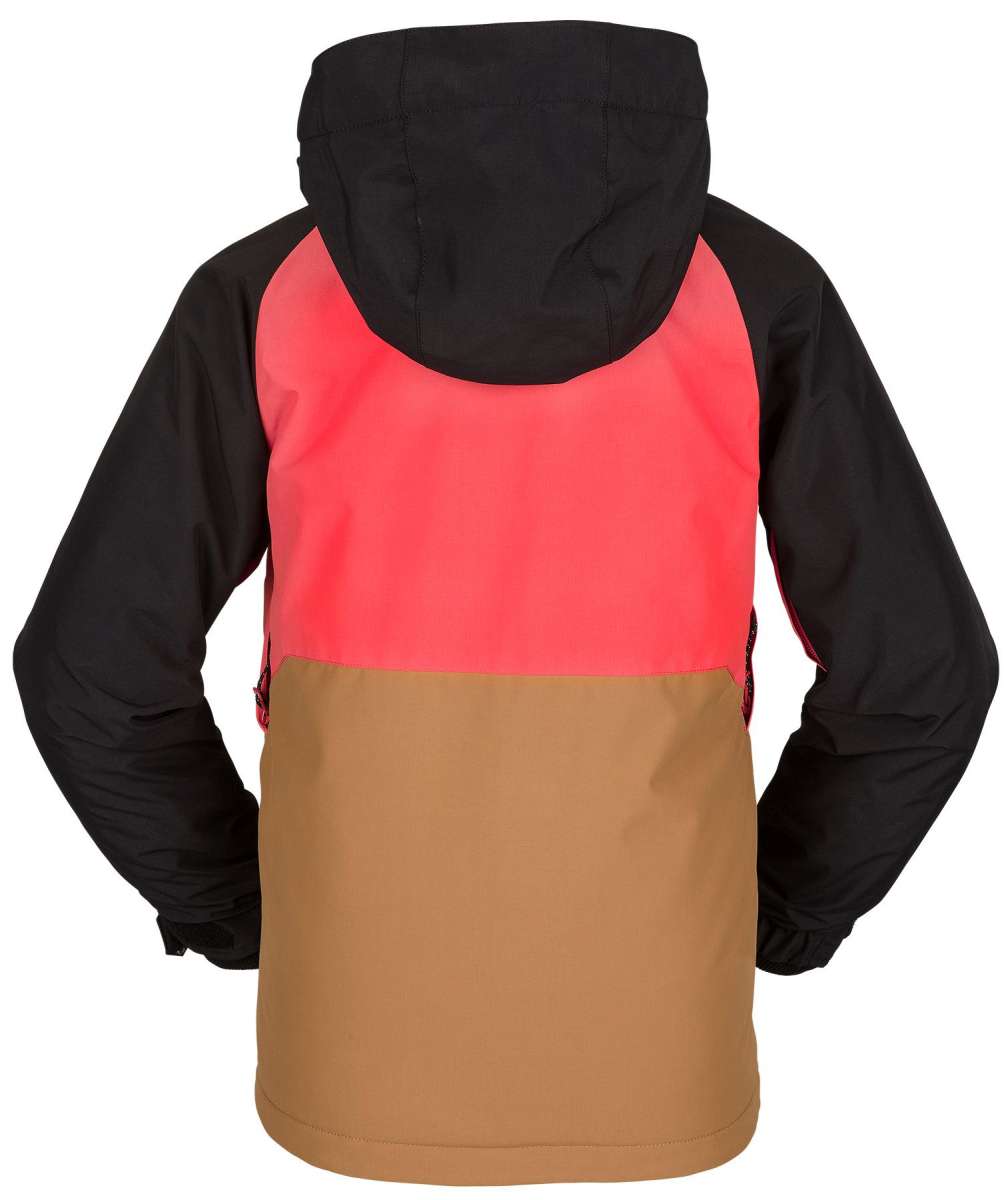 Volcom Juniors Breck Insulated Jacket 2023 - A black, coral-pink and tan-colored jacket with a hood.