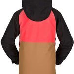 Volcom Juniors Breck Insulated Jacket 2023 - A black, coral-pink and tan-colored jacket with a hood.