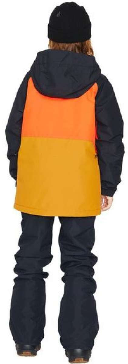 Volcom Juniors Breck Insulated Jacket - A black, orange, and yellow jacket with a hood on a young girl from behind.