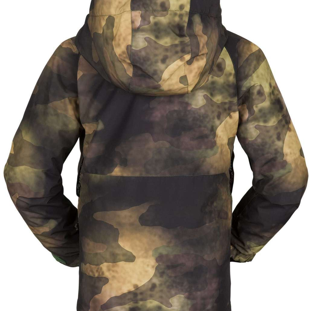Volcom Juniors Breck Insulated Jacket 2023 - A camouflage-printed jacket with a hood, featuring dark green and brown colors.