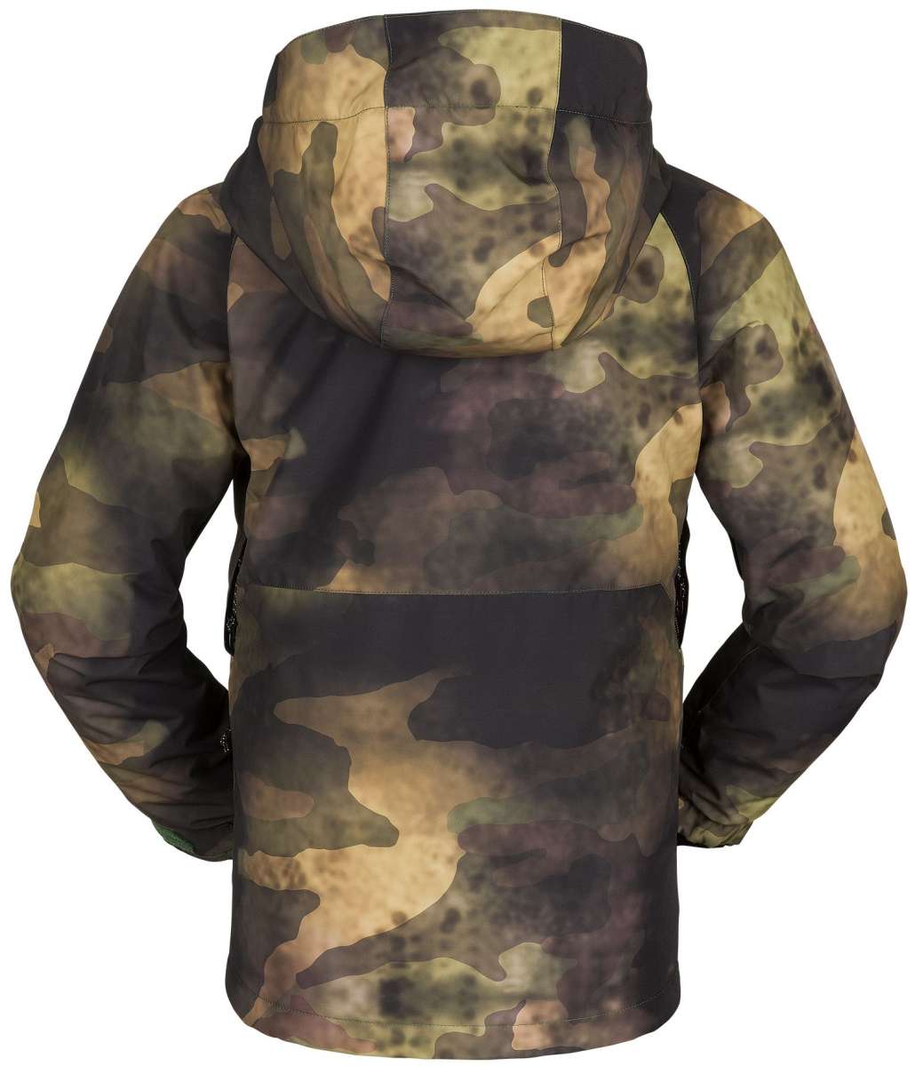 Volcom Juniors Breck Insulated Jacket 2023 - A camouflage-printed jacket with a hood, featuring dark green and brown colors.