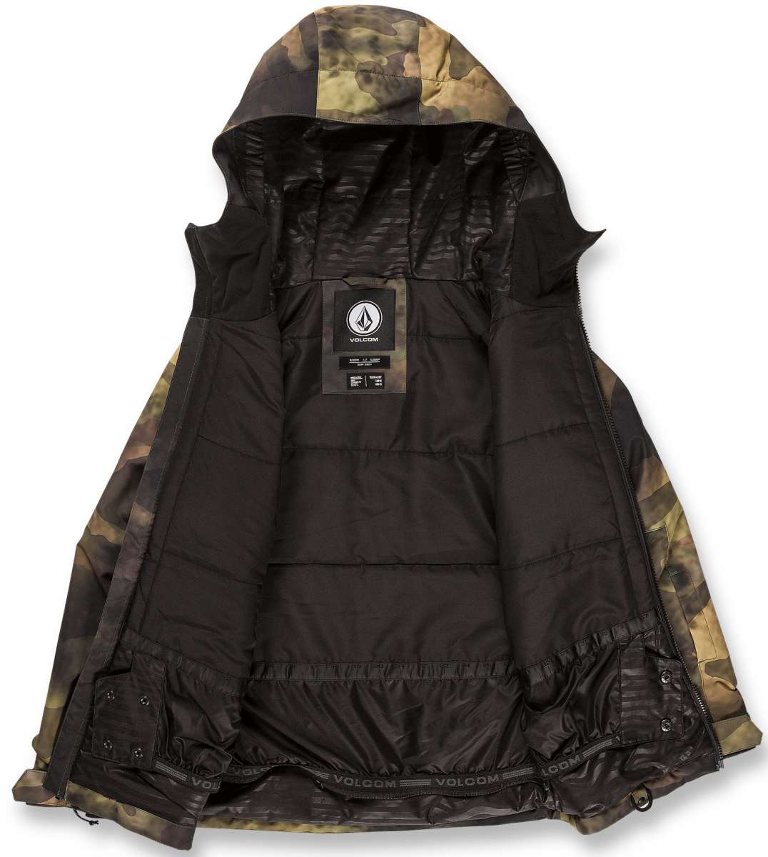 Volcom Juniors Breck Insulated Jacket 2023 - A camouflage-printed jacket with a hood, featuring a zipper closure and two pockets on the front.