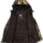 Volcom Juniors Breck Insulated Jacket 2023 - A camouflage-printed jacket with a hood, featuring a zipper closure and two pockets on the front.